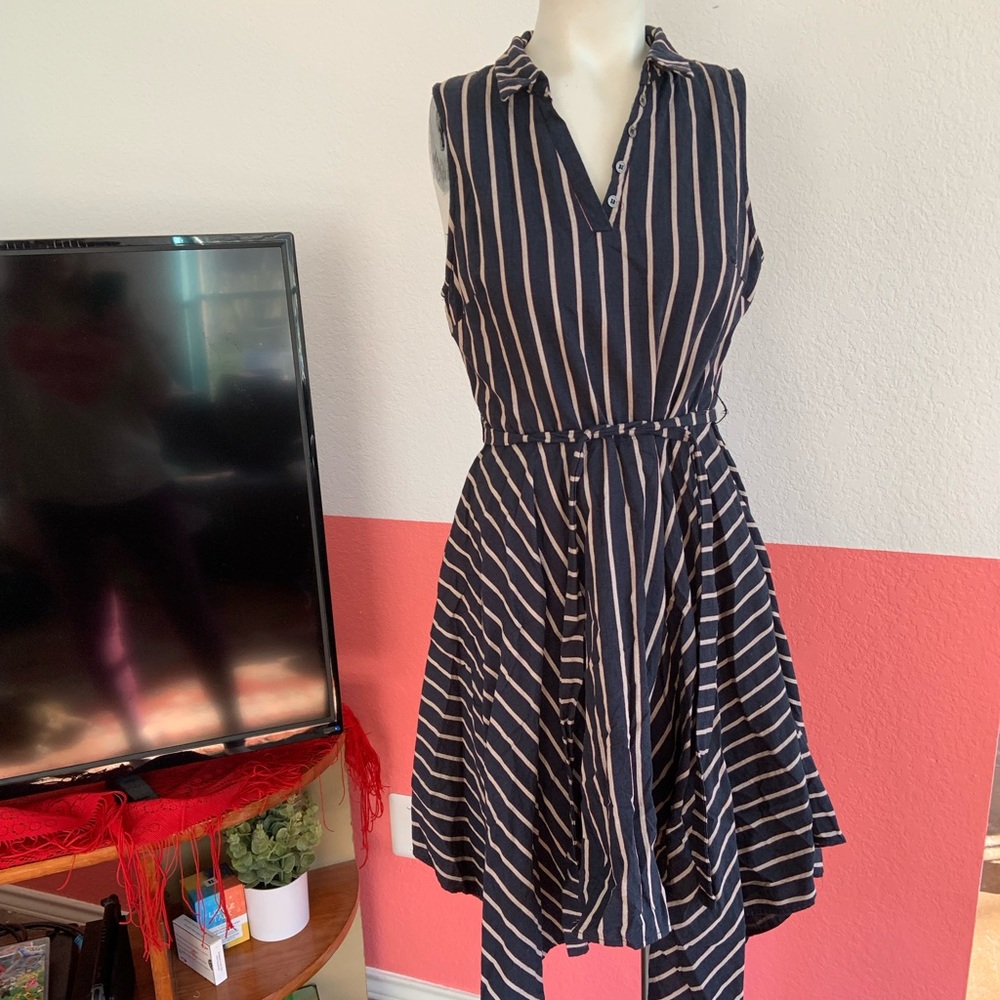 Doe and Rae Striped Navy Dress with Handkerchief Hem and Tie Waist (size Small)